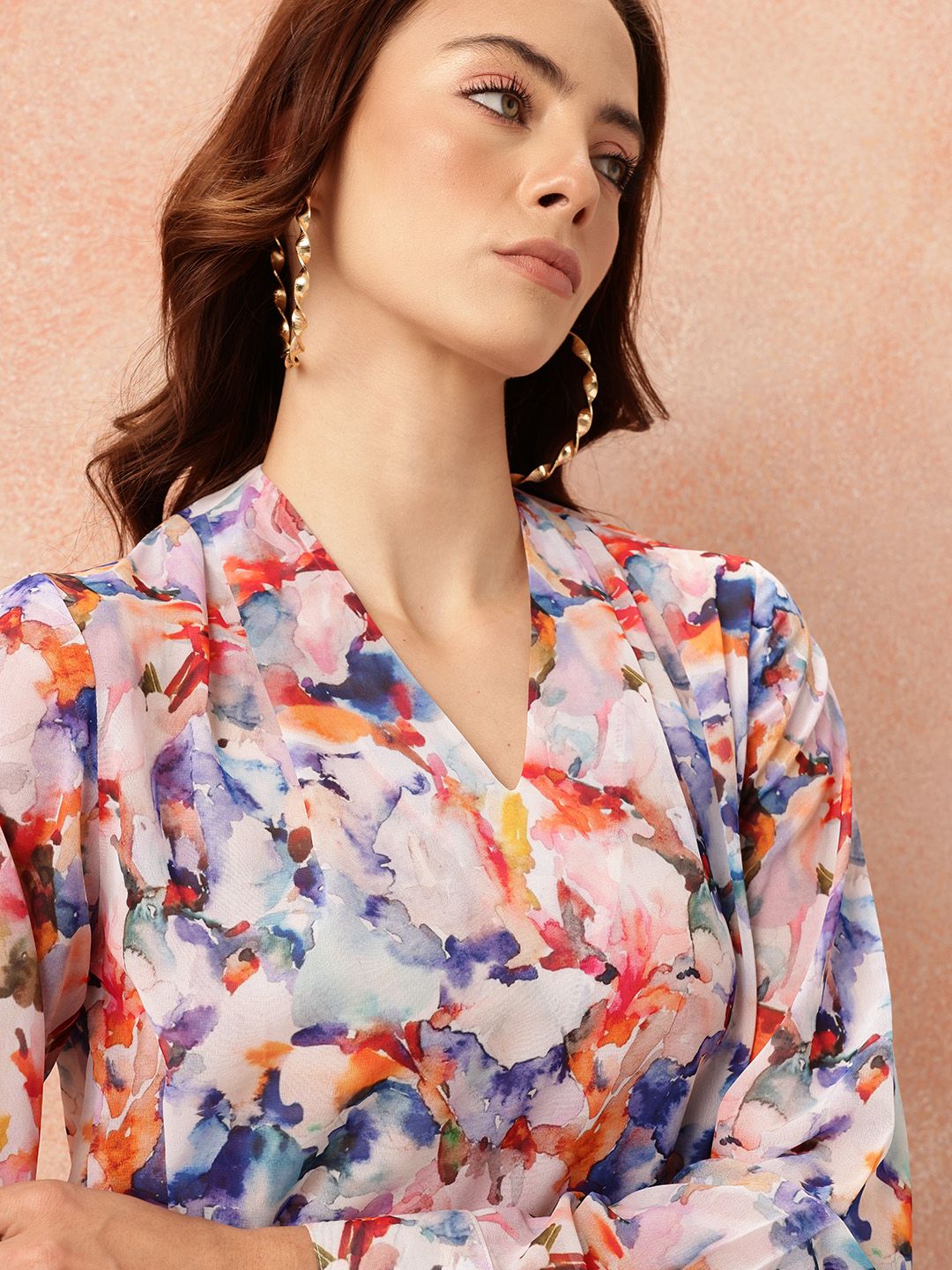 all about you Abstract Print Georgette Semi-Sheer Draped-Style Top