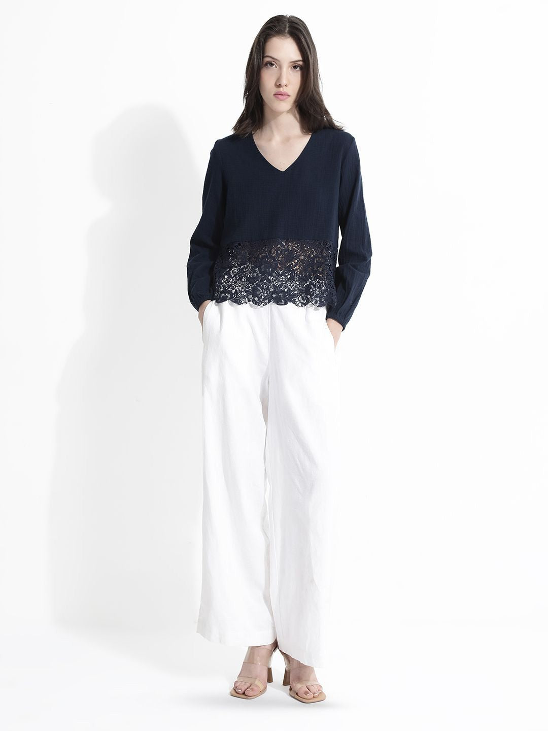 RAREISM Solid V-Neck Cotton Top