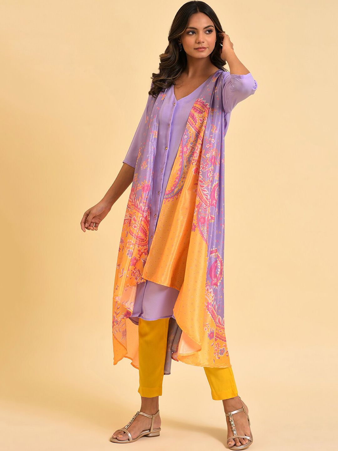 W Purple V-Neck Ethnic Motifs Printed Layered Kurta