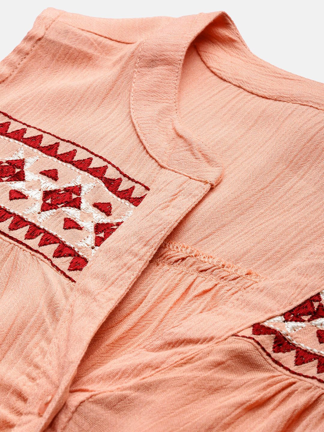 all about you Coral Pink Embroidered Mandarin Collar Regular Top