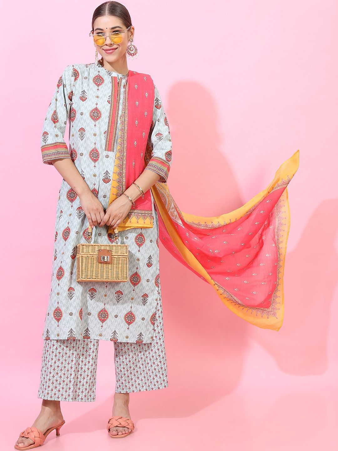 Vishudh Women Woven Design Pure Cotton Kurta with Palazzo and Dupatta