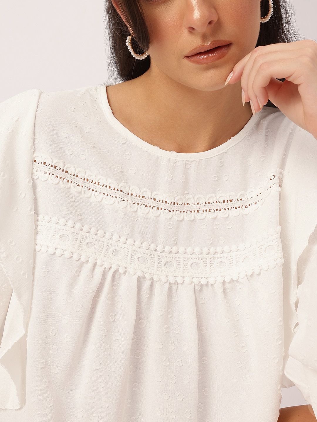 DressBerry Free Spirit Fit Dobby Weave Lace Inserts Ruffled Top