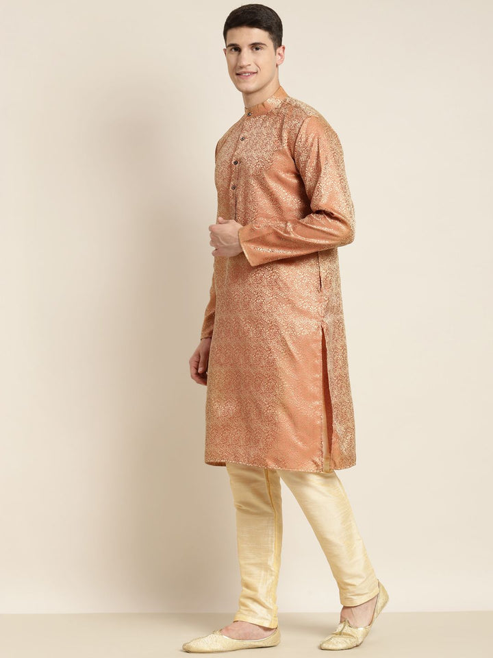 SOJANYA Lelaki Rust Orange & Gold-Toned Jacquard Silk Kurta