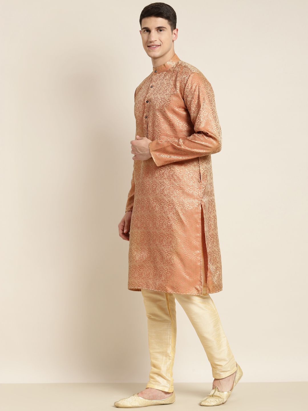 SOJANYA Lelaki Rust Orange & Gold-Toned Jacquard Silk Kurta