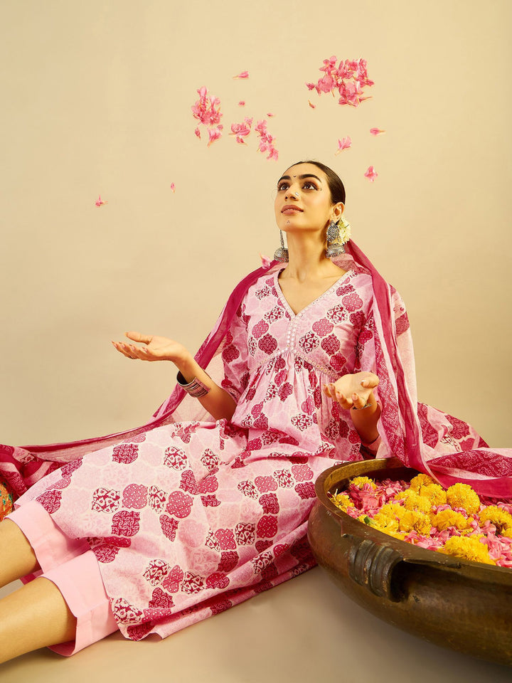 Indo Era Ethnic Motifs Printed Mirror Work Pure Cotton Kurta with Trouser And Dupatta