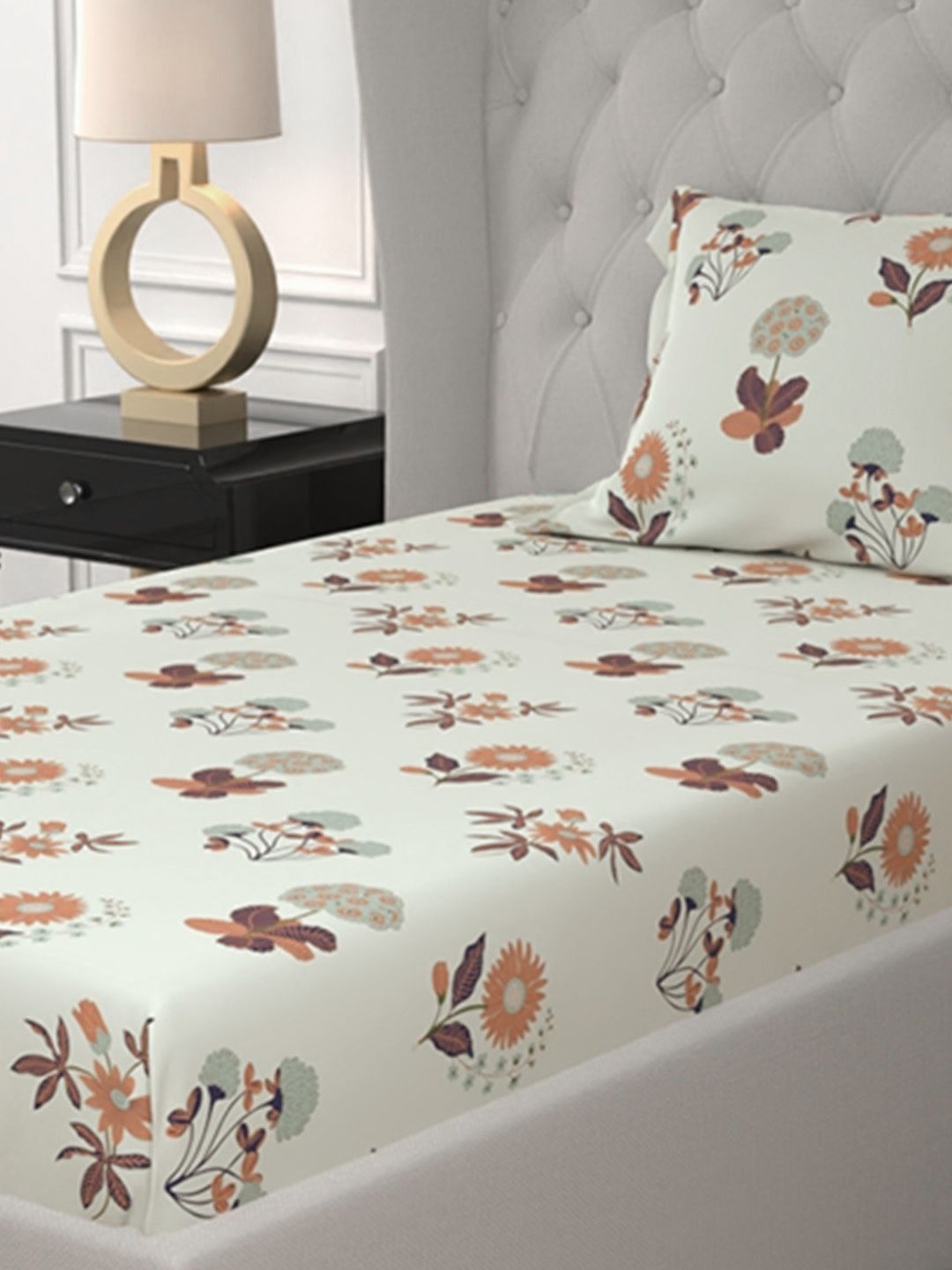 URBAN SPACE Radiance Grey 200 TC Floral Single Bedsheet