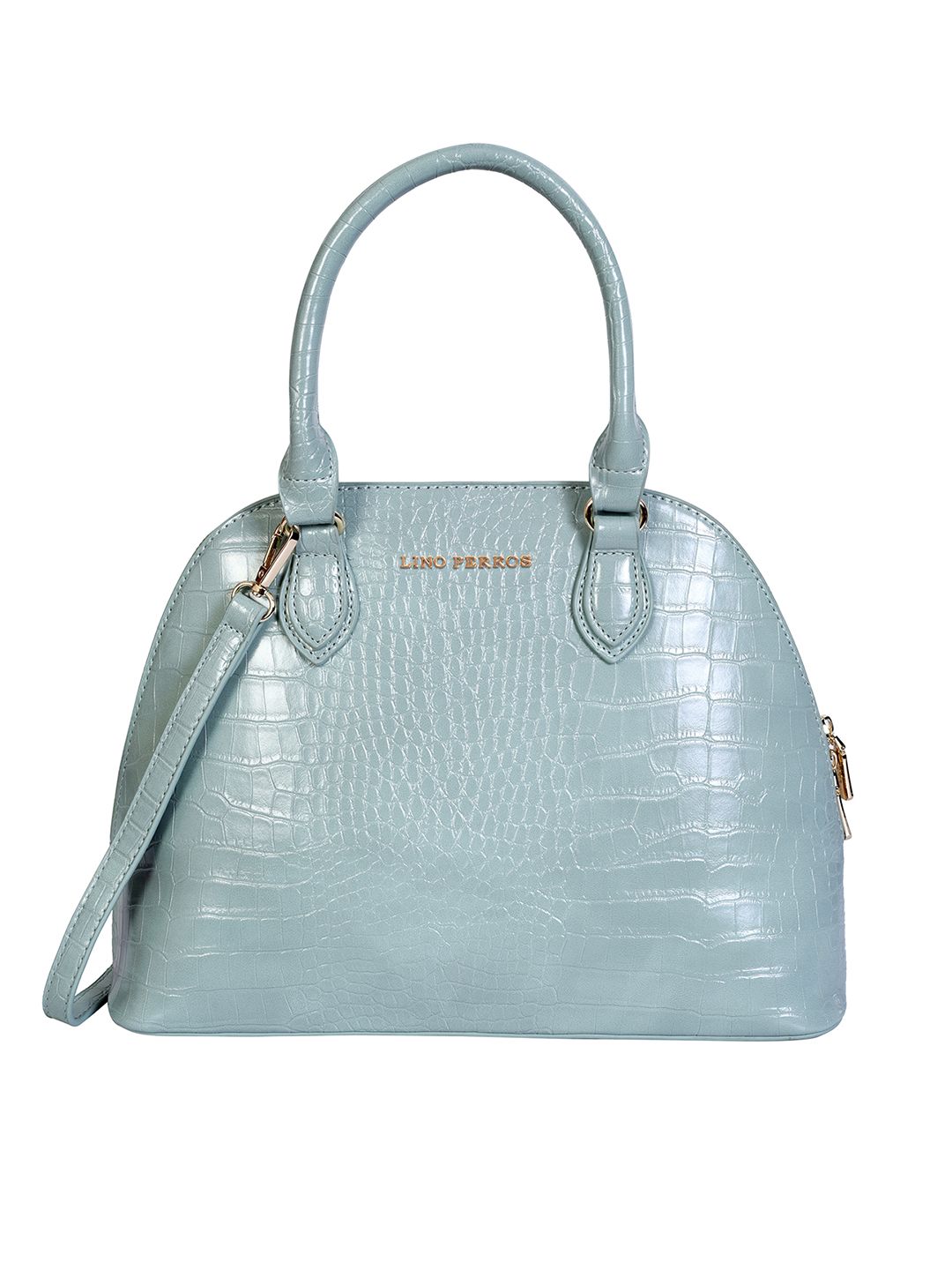 Lino Perros Green Croc-Textured Handheld Bag with Detachable Sling Strap