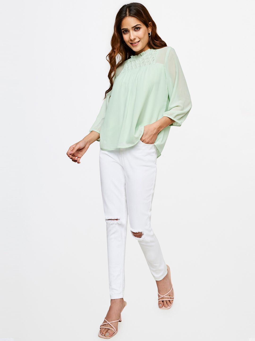 AND High Neck Puff Sleeves Empire Top