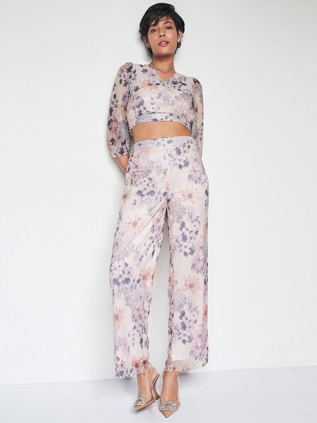 AND Floral Printed V-Neck Top with Trousers