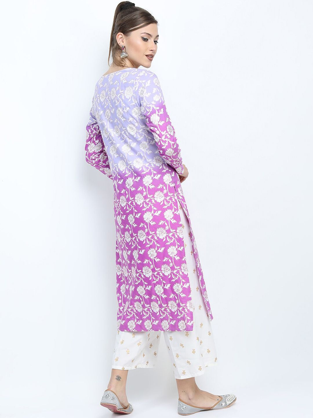 Vishudh Women Mauve Floral Printed High Slit Kurta with Palazzo & Dupatta