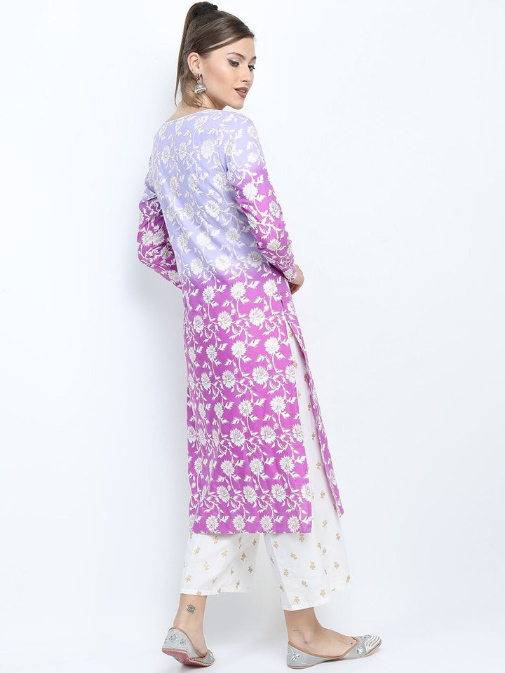 Vishudh Women Mauve Floral Printed High Slit Kurta with Palazzo & Dupatta