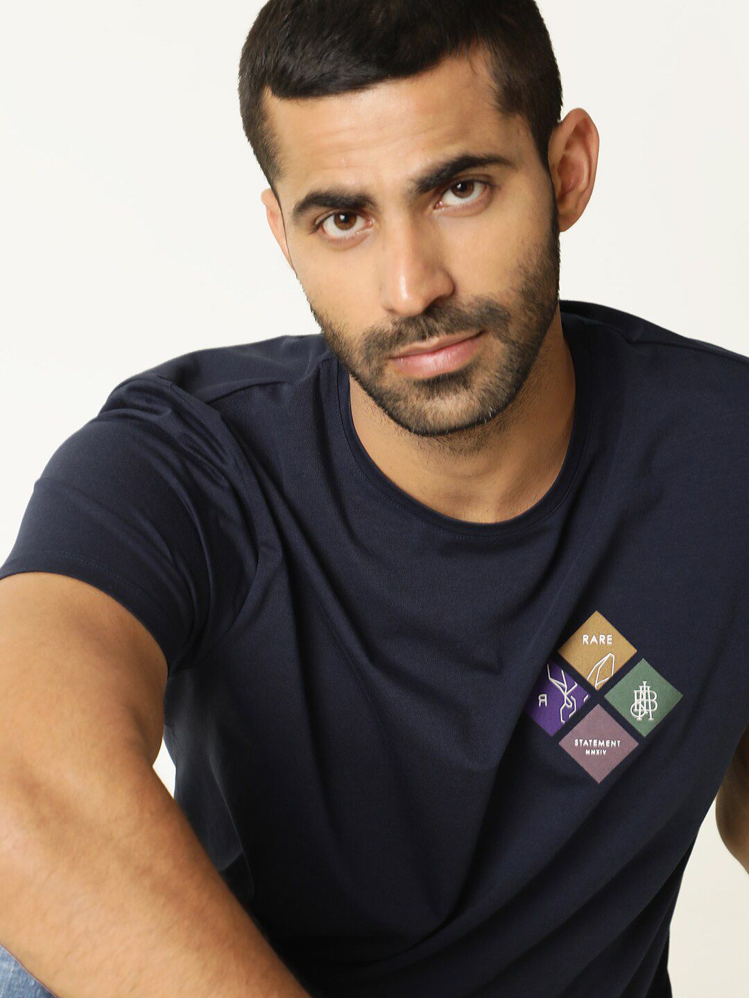 RARE RABBIT Men Badget Printed Slim Fit Cotton T-Shirt