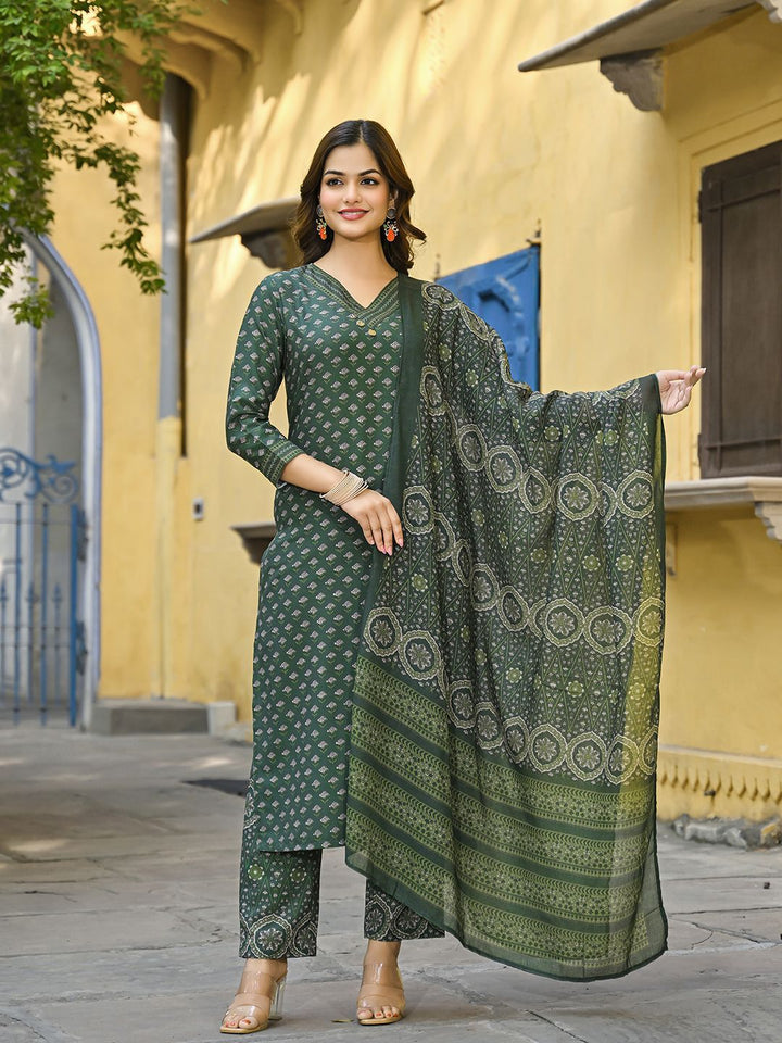 KALINI Floral Printed V-Neck Straight Kurta With Trousers & Dupatta