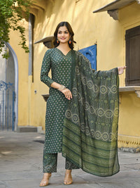 KALINI Floral Printed V-Neck Straight Kurta With Trousers & Dupatta