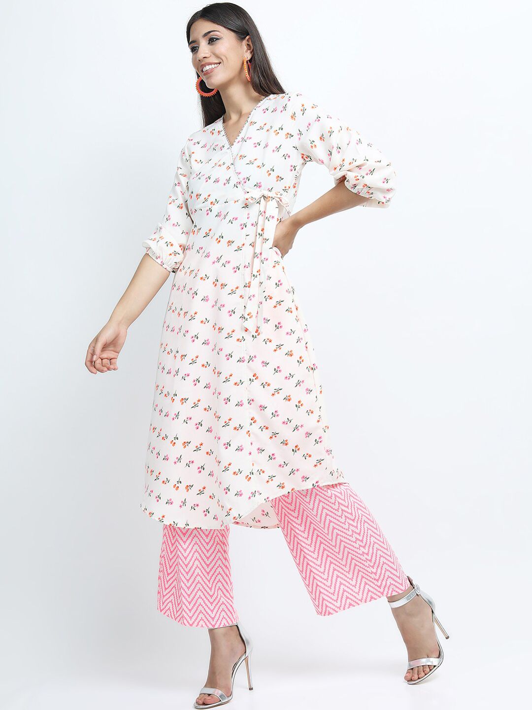 Vishudh Women Off White Floral Printed Empire Kurta with Palazzos & Dupatta