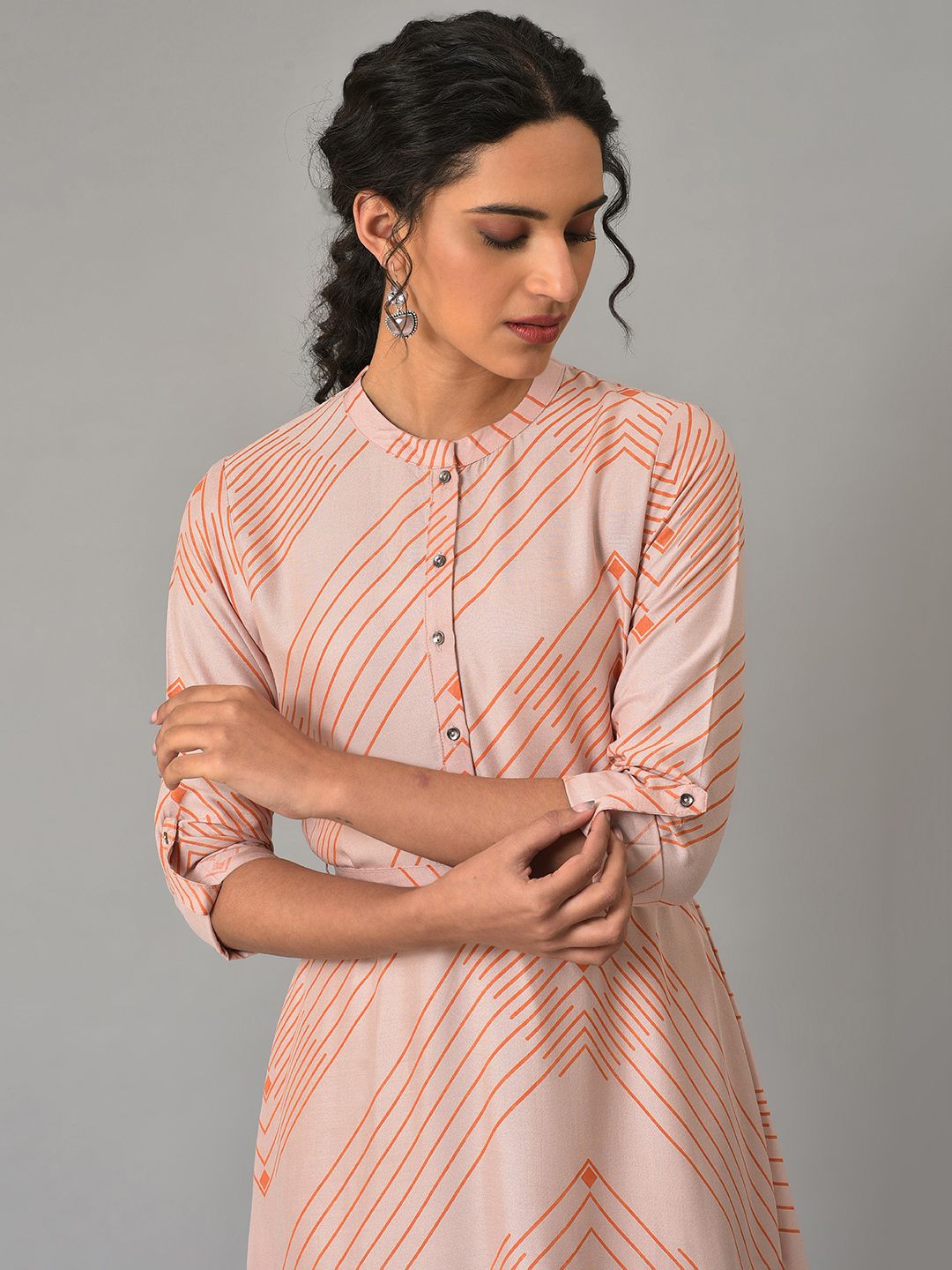 W Pink Mandarin Collar Striped A-Line Midi Fit and Flare Dress
