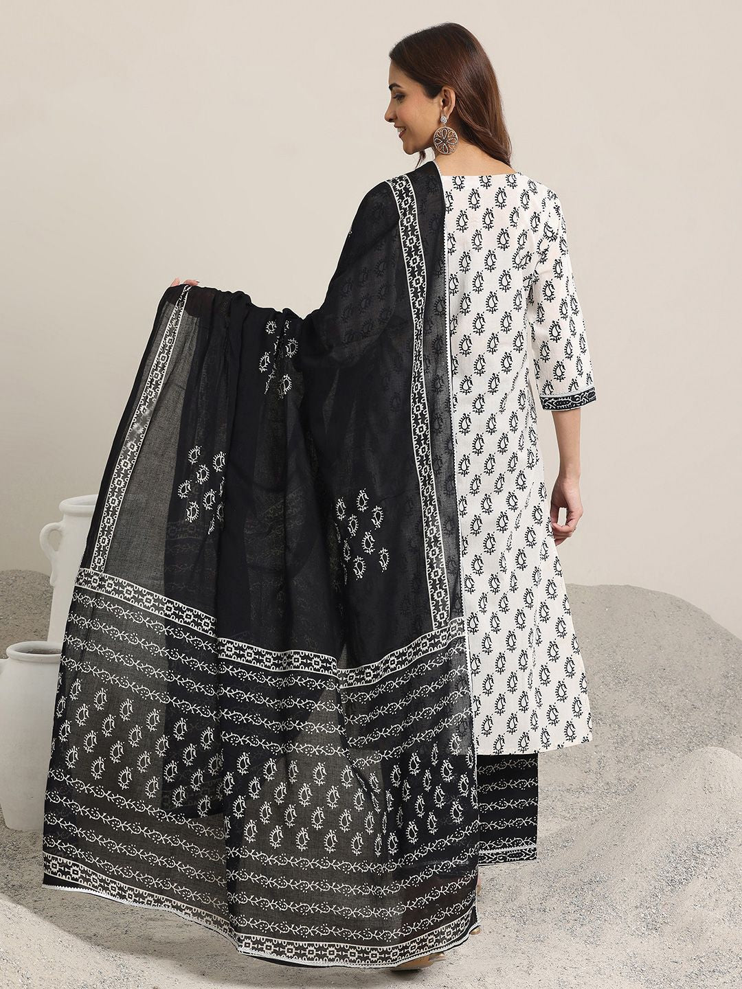 Libas Off White Paisley Printed Keyhole Neck Pure Cotton Kurta With Trousers & Dupatta