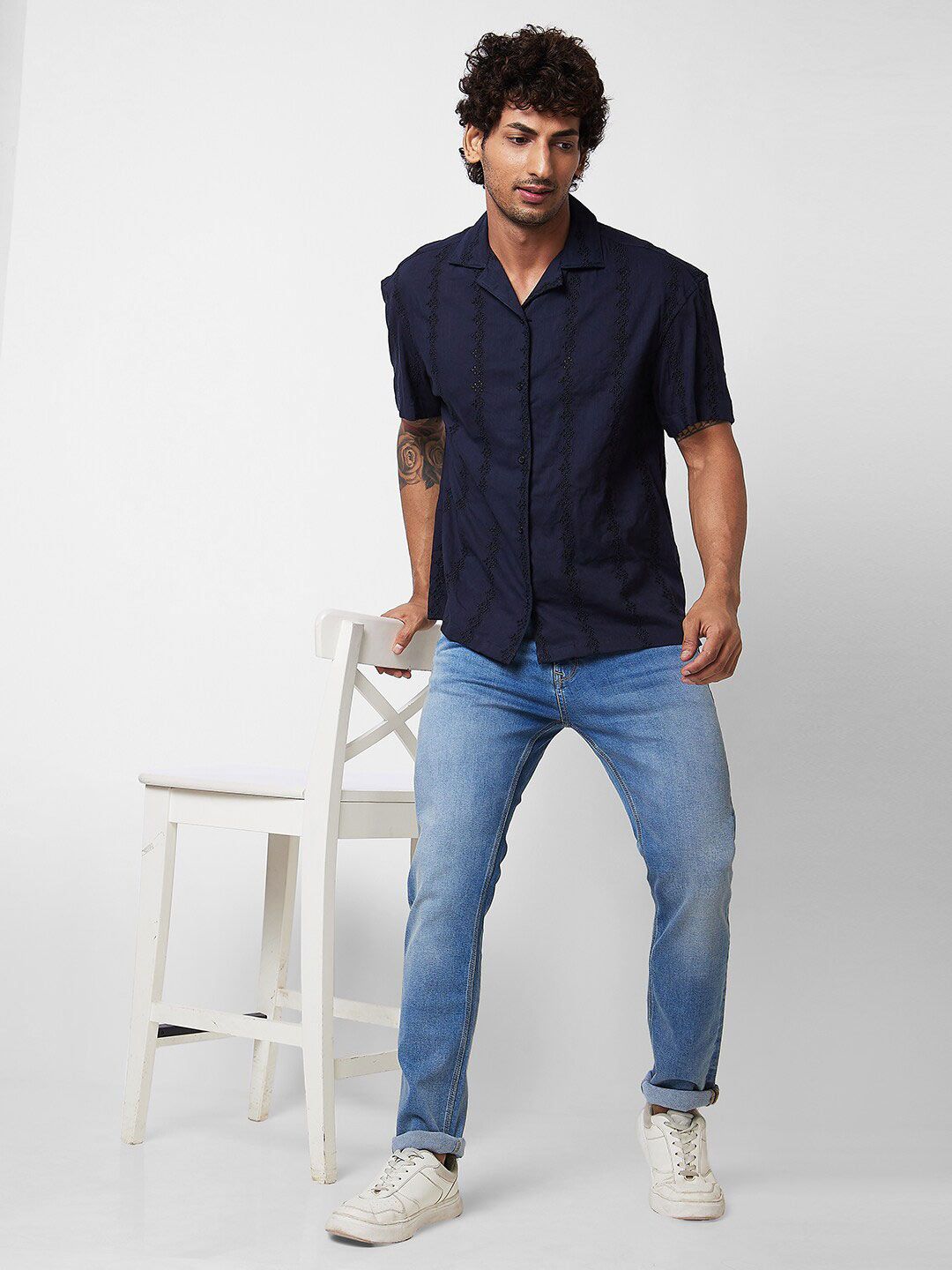 SPYKAR Floral Embroidered Cuban Collar Cotton Casual Shirt