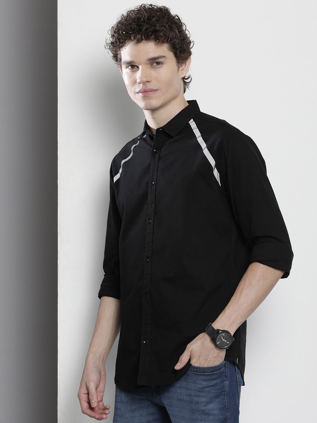 The Indian Garage Co Men Black Casual Shirt with Reflective Strips