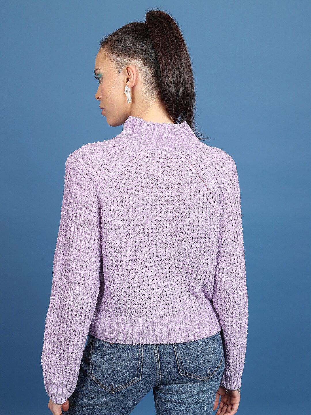Tokyo Talkies Lavender Open Knit Turtle Neck Crop Acrylic Pullover Sweater