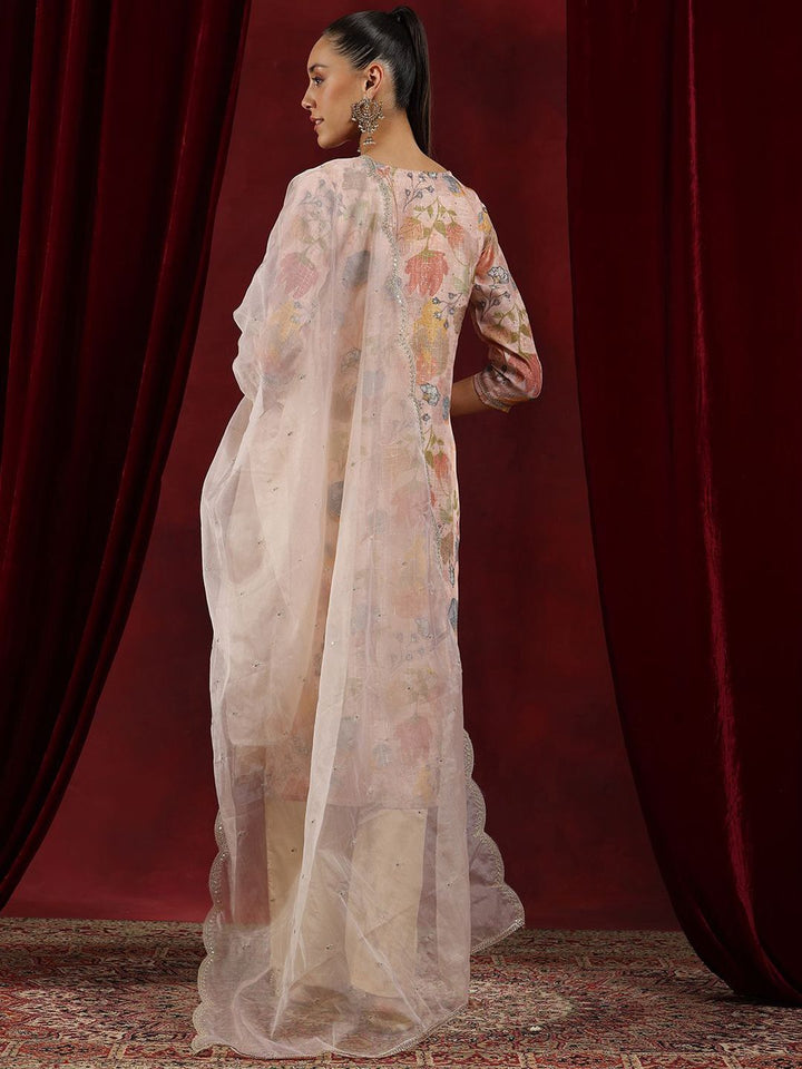 Libas Floral Printed Round Neck Regular Thread Work Organza Kurta With Trousers & Dupatta