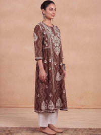Rumah Wanita Chikankari Motif Etnik Sulam Benang Kerja Kurta