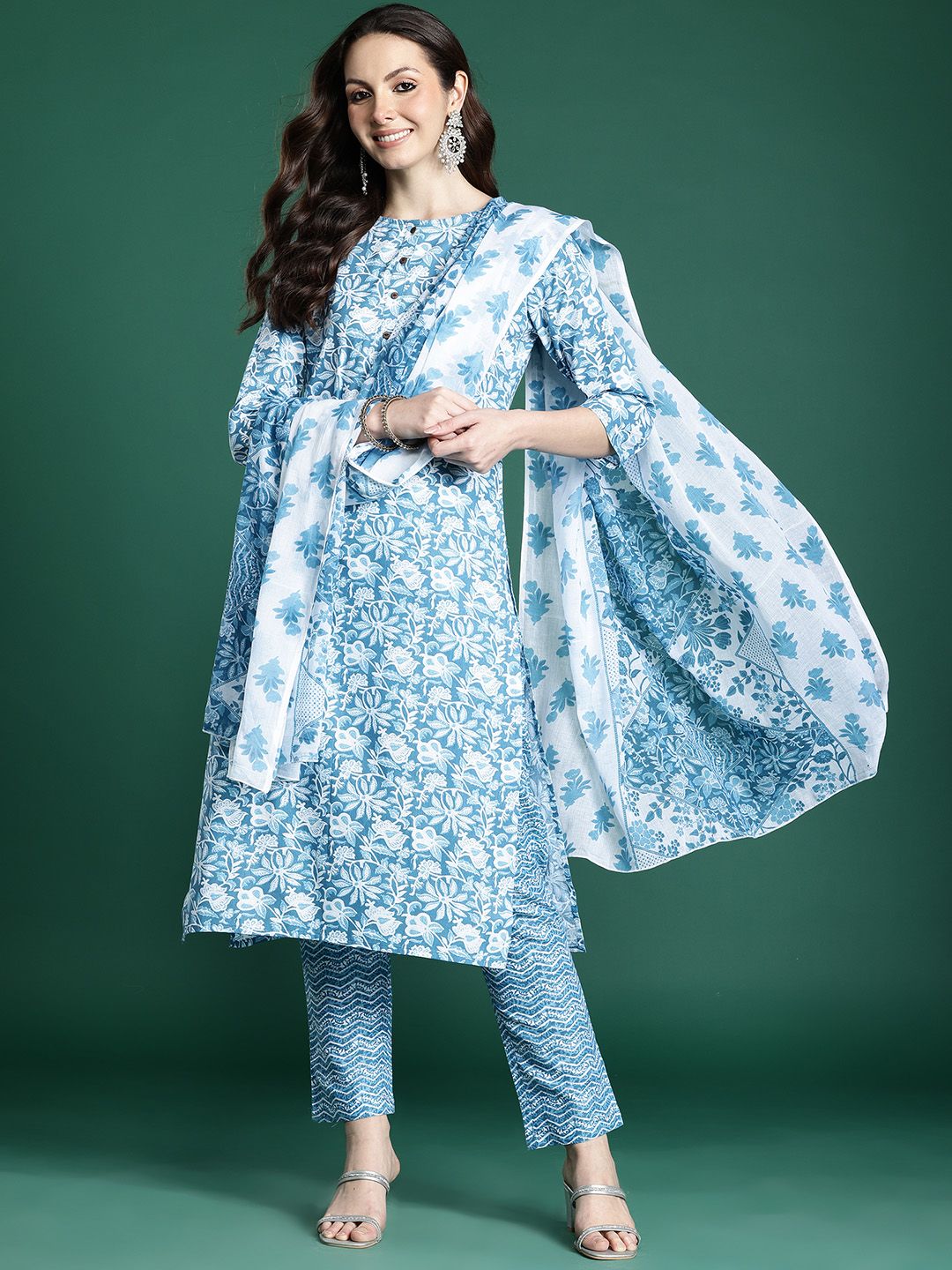 Indo Era Floral Printed Pure Cotton Kurta with Trousers & Dupatta
