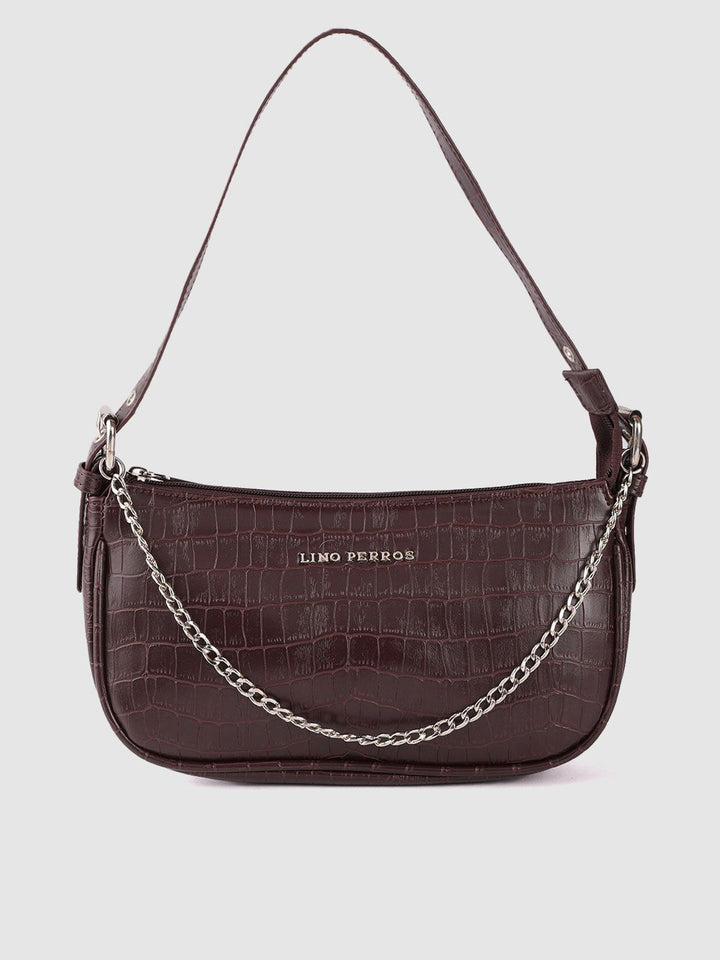 Lino Perros Coffee Brown Croc Textured Baguette Bag