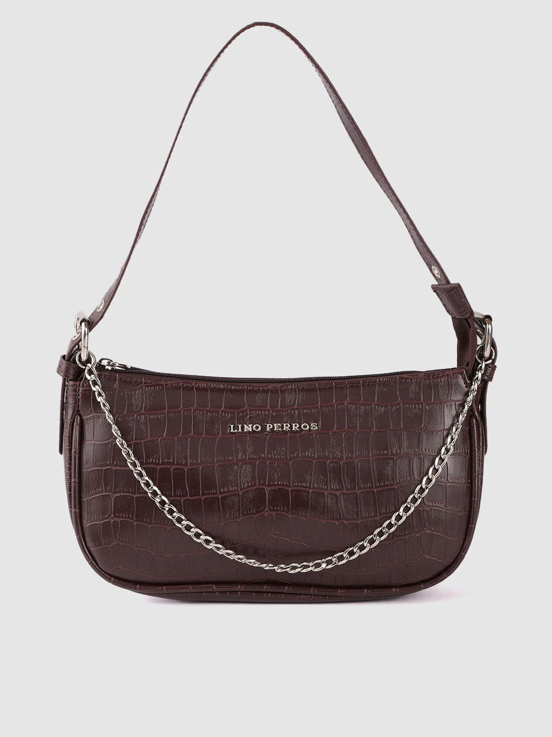 Lino Perros Coffee Brown Croc Textured Baguette Bag