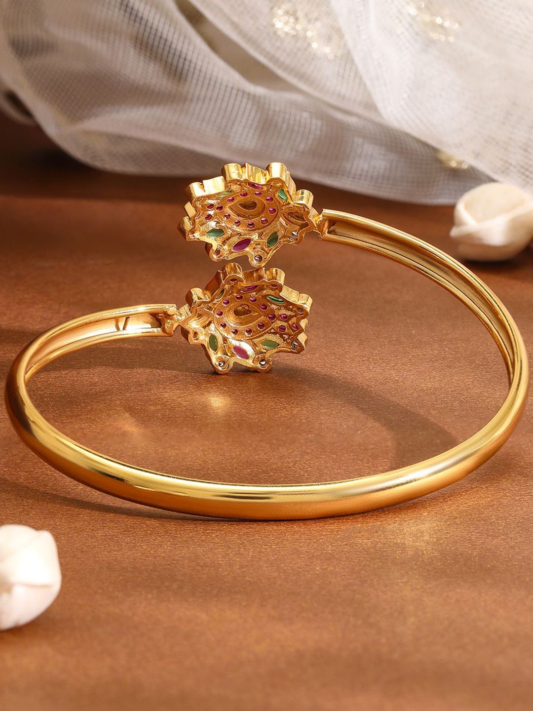 Rubans 18K Gold-Plated Ruby Pink, Green & White Kundan Studded Openable Bangle