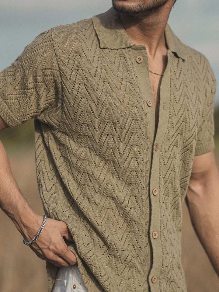 Powerlook Beige India Slim Geometric Self Design Spread Collar Casual Shirt