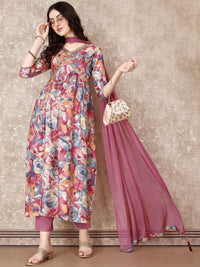 KALINI Floral Printed Regular Thread Work Anarkali Kurta With Trousers & Dupatta