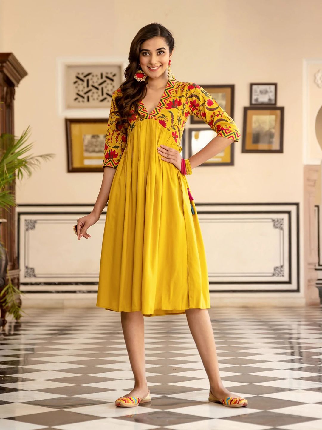 Rustorange Mustard Yellow & Pink Floral Liva A-Line Midi Dress