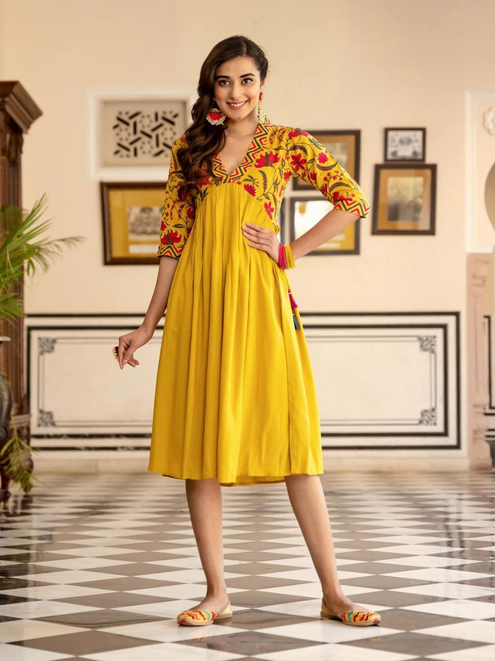 Rustorange Mustard Yellow & Pink Floral Liva A-Line Midi Dress
