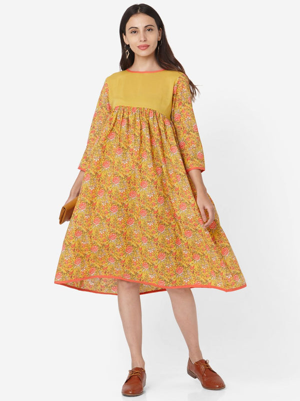 KALINI Floral Printed Three-Quarter Sleeves Cotton A-Line Dress