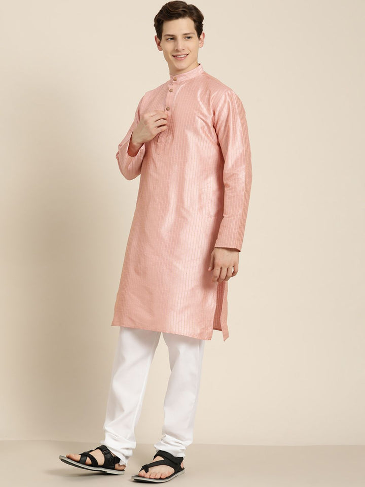 SOJANYA Men Pink Striped Kurta with Pyjamas  & Nehru Jacket
