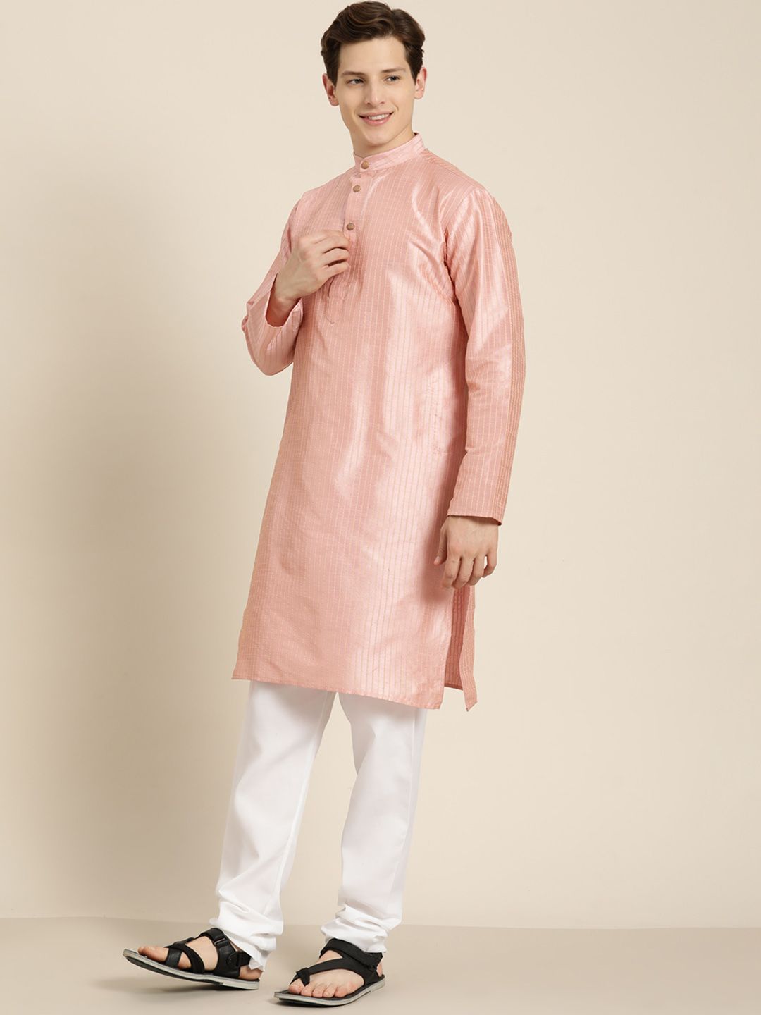 SOJANYA Men Pink Striped Kurta with Pyjamas  & Nehru Jacket
