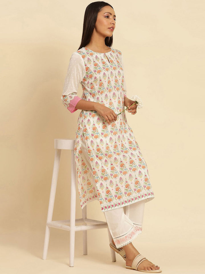 W Ethnic Motifs Printed Keyhole Neck Pure Cotton Straight Kurta