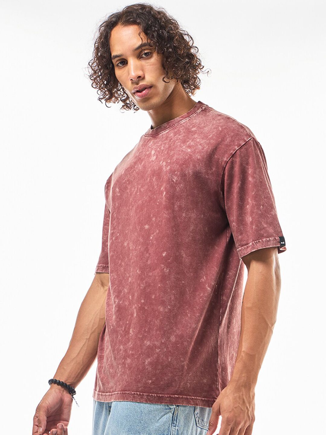 Bewakoof Red Oversized Cotton Acid Wash T-shirt