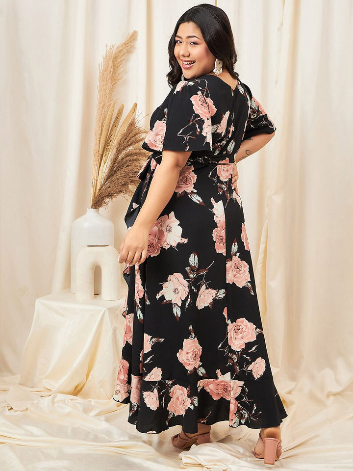 Berrylush Curve Plus Size Floral Printed Flared Sleeve Ruffled Crepe Maxi Dress
