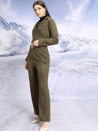 Tokyo Talkies Notched Lapel Collar Suede Crop Top & Trousers