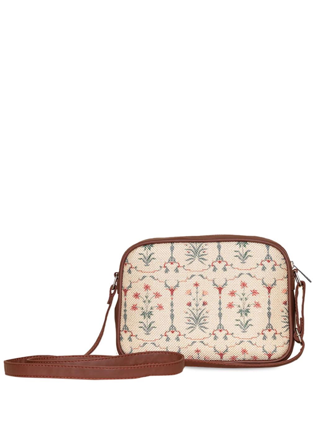 ZOUK White Ethnic Motifs Printed Structured Sling Bag