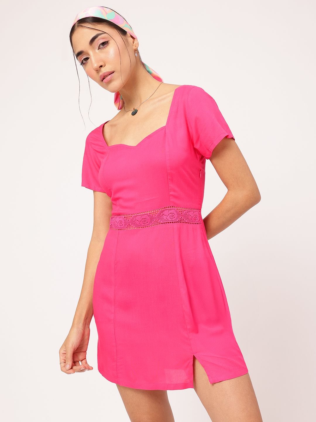 DressBerry Girlboss Glam Lace Inserts Front-Slit Sheath Mini Dress