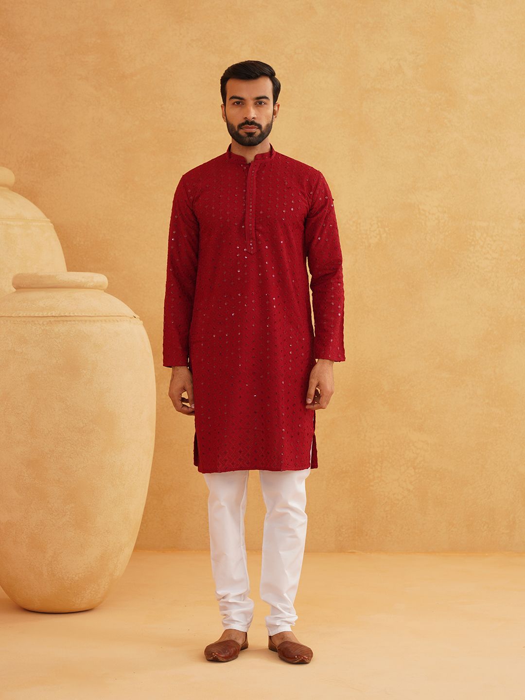 SOJANYA Kurta Kapas Tulen Kolar Mandarin Bersulam Chevron Dengan Churidar