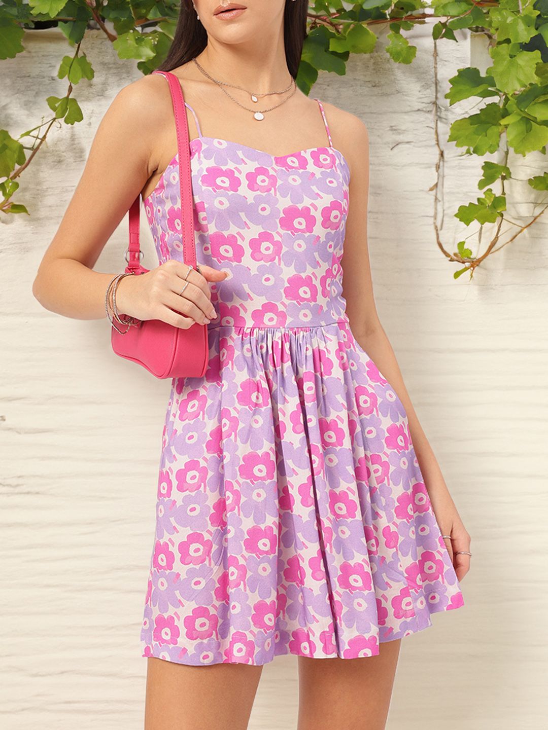 DressBerry Soft Pastel Floral Printed Shoulder Straps Fit & Flare Mini Dress