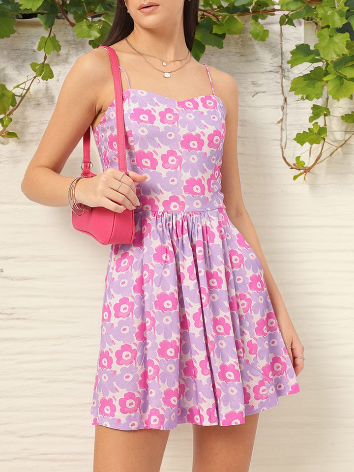 DressBerry Soft Pastel Floral Printed Shoulder Straps Fit & Flare Mini Dress