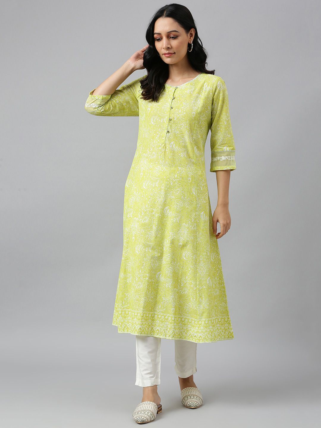 W Women Yellow Floral Printed Anarkali Kurta
