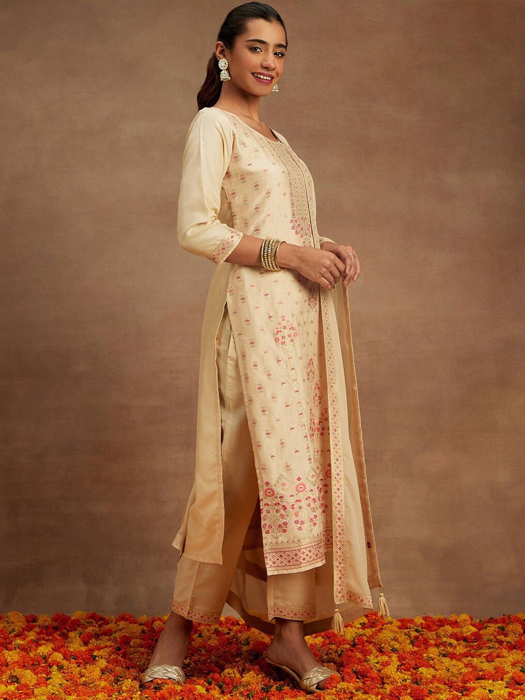 Libas Beige Floral Woven Design Kurta with Trousers & With Dupatta