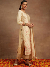 Libas Beige Floral Woven Design Kurta with Trousers & With Dupatta