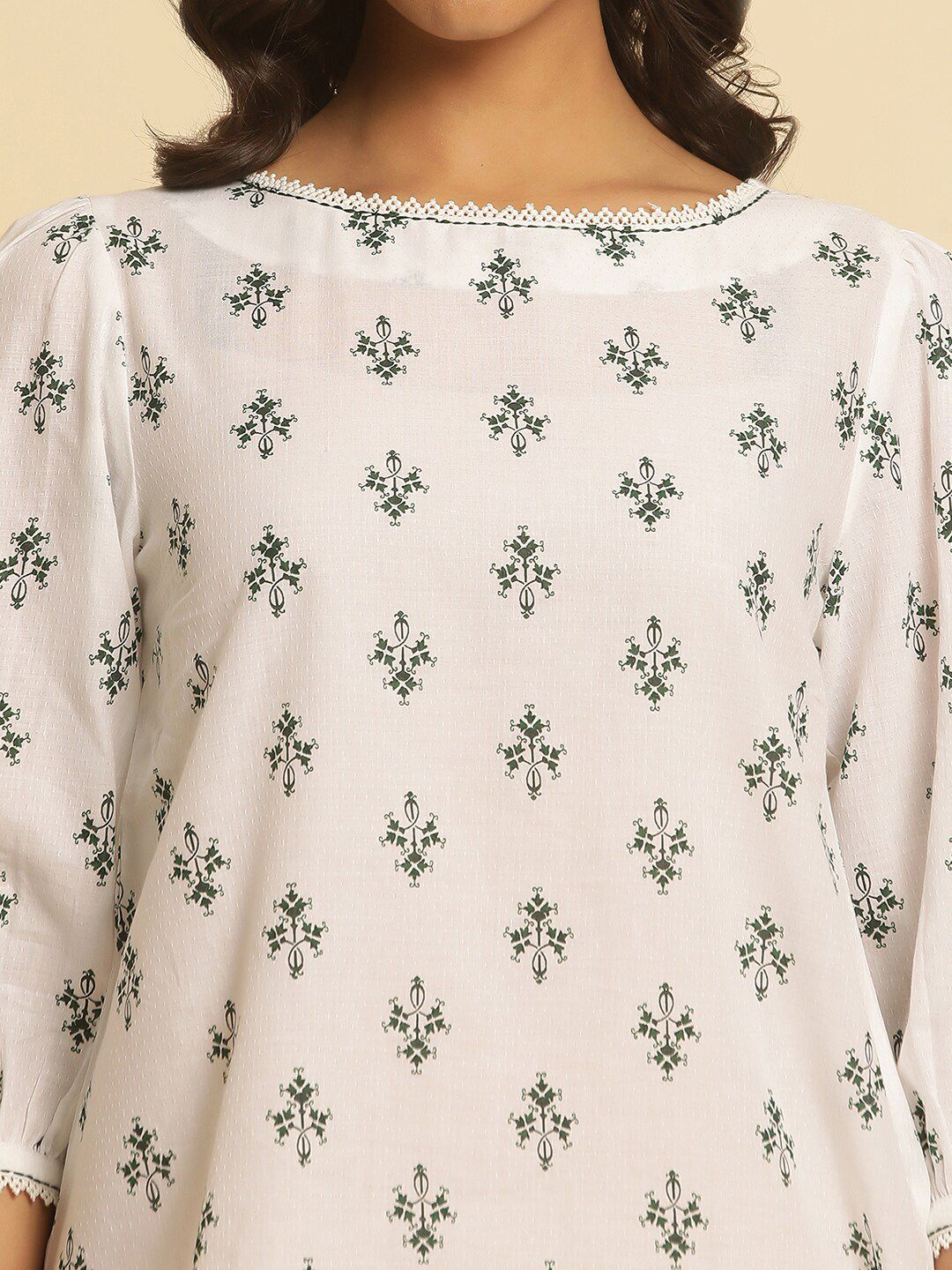 W Ethnic Motifs Printed Boat Neck Puff Sleeves Cotton Top